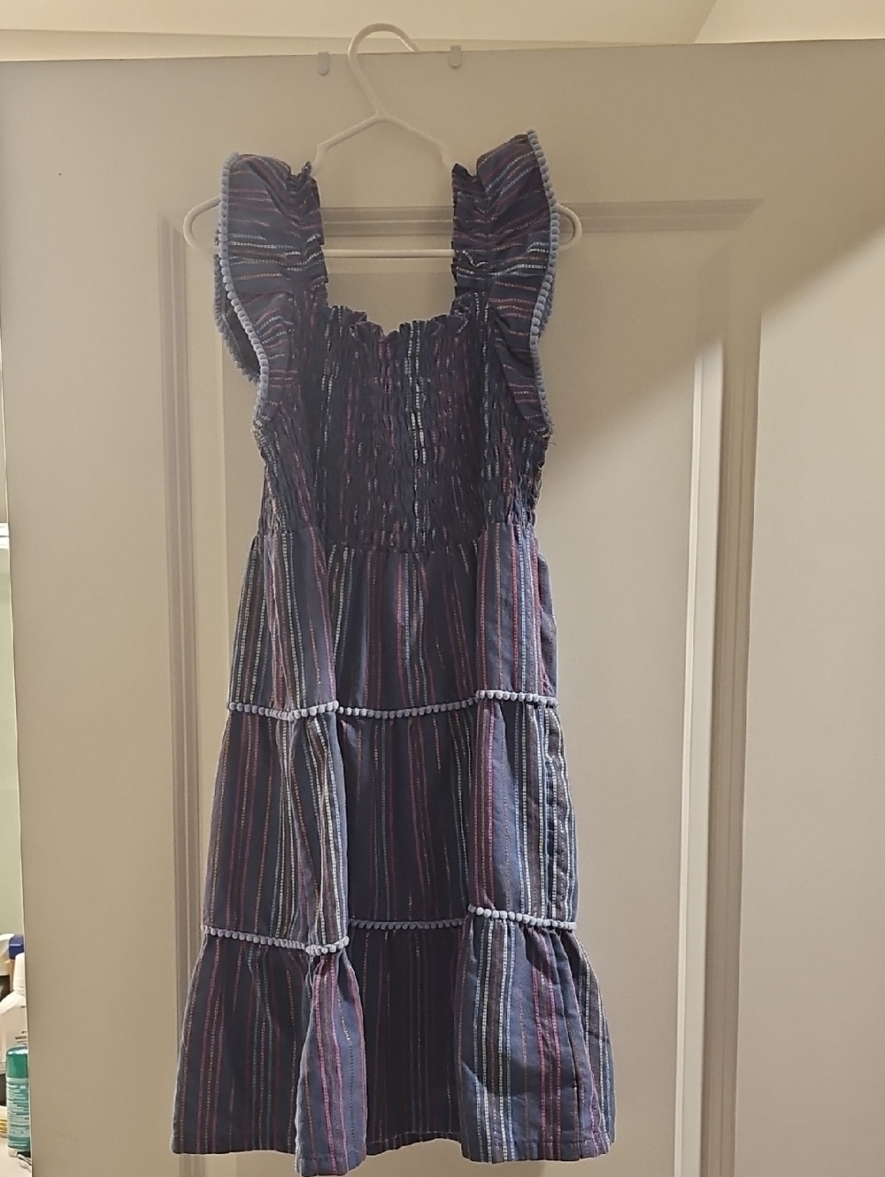 Penelope Mack Navy and Pink Striped Ruffle-Shoulder Dress